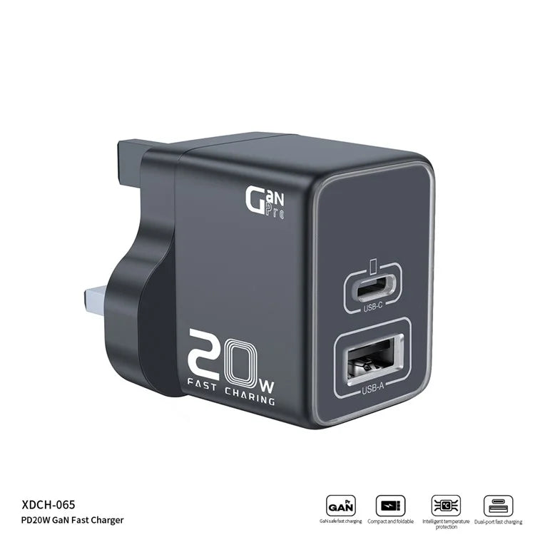 XUNDD XDCH-065 20W Fast Charging Block Type-C+USB-A GaN Power Adapter