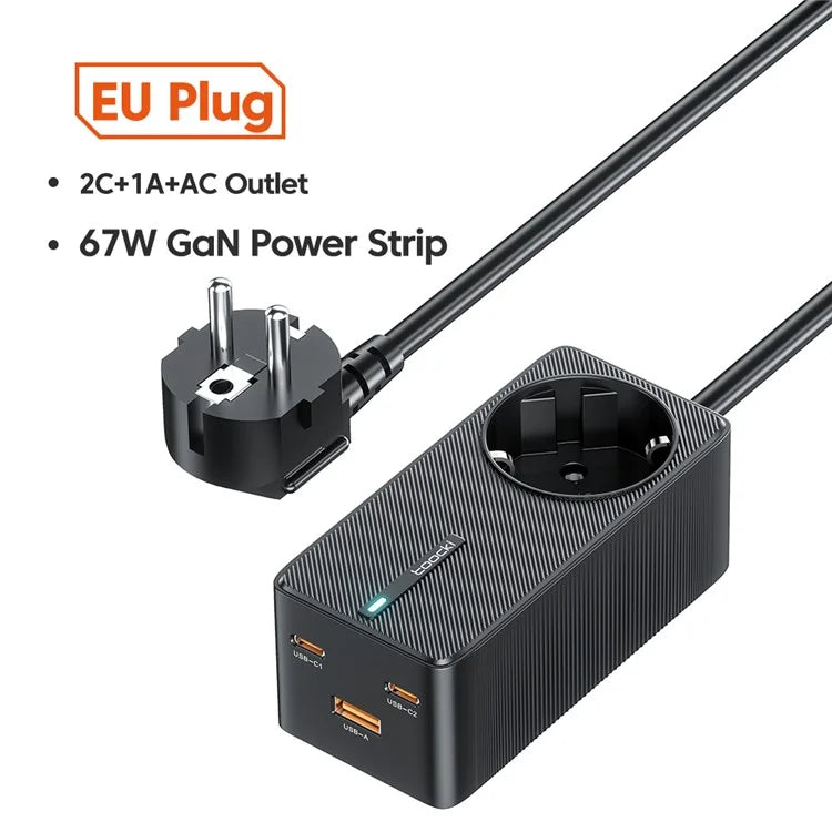 TOOCKI Dual Type-C+USB-A+AC Outlet PD 67W Fast Charging GaN Power Adapter Socket, EU Plug