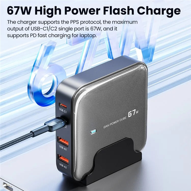 TOOCKI 2 Type-C + 2 USB-A PD 67W Fast Charging Adapter GaN Desktop Charger
