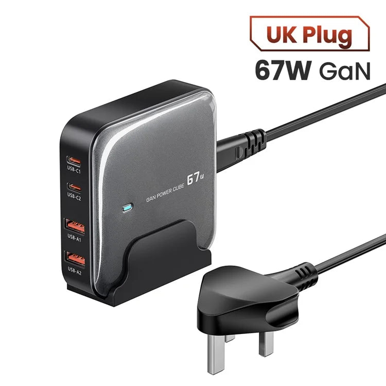 TOOCKI 2 Type-C + 2 USB-A PD 67W Fast Charging Adapter GaN Desktop Charger