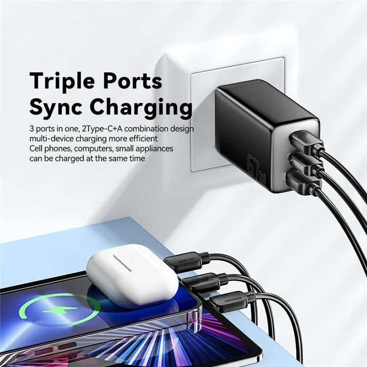 ESSAGER 67W High Power GaN Travel Adapter USB-A + 2 Type-C Portable Wall Charger