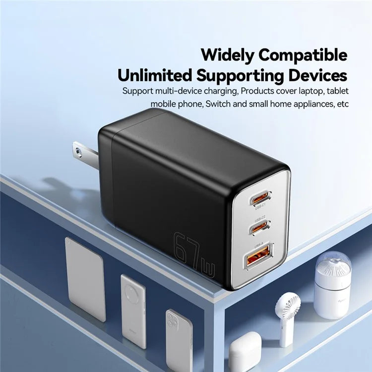 ESSAGER 67W High Power GaN Travel Adapter USB-A + 2 Type-C Portable Wall Charger