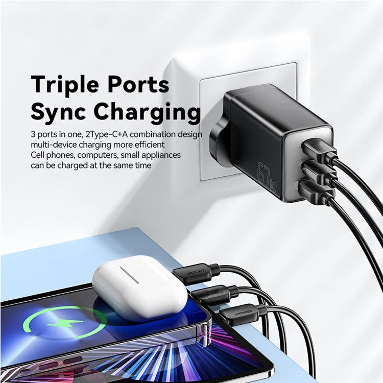 ESSAGER 67W High Power GaN Travel Adapter USB-A + 2 Type-C Portable Wall Charger