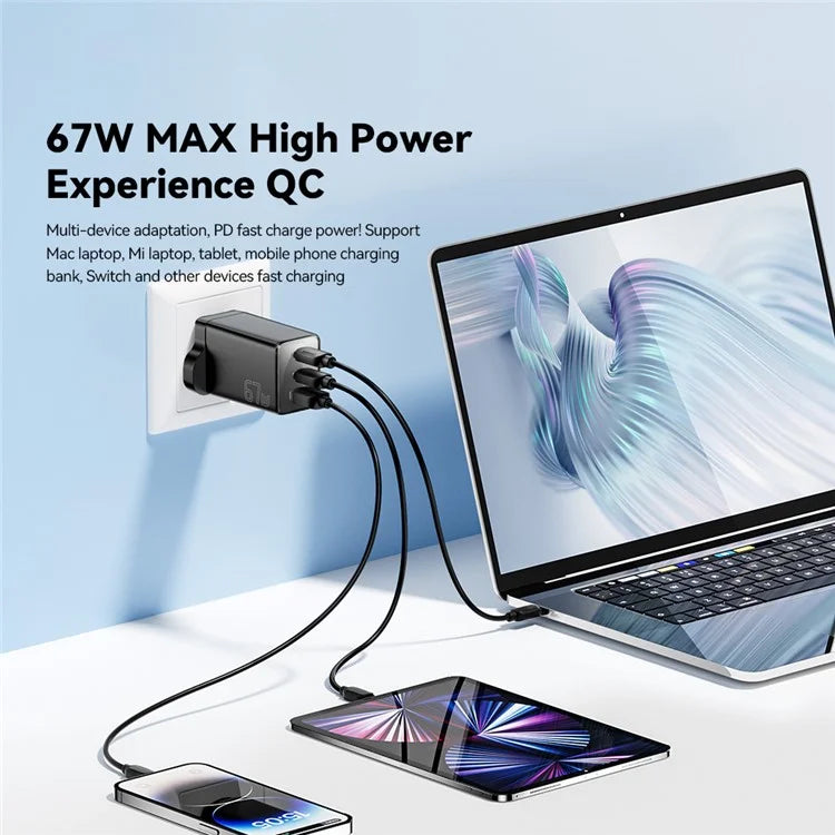 ESSAGER 67W High Power GaN Travel Adapter USB-A + 2 Type-C Portable Wall Charger