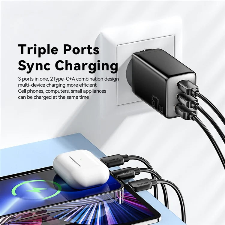 ESSAGER 67W High Power GaN Travel Adapter USB-A + 2 Type-C Portable Wall Charger