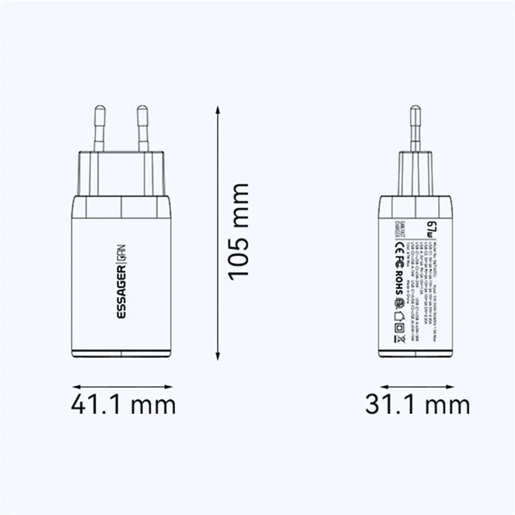 ESSAGER 67W High Power GaN Travel Adapter USB-A + 2 Type-C Portable Wall Charger