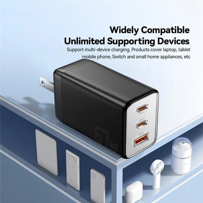 ESSAGER 67W High Power GaN Travel Adapter USB-A + 2 Type-C Portable Wall Charger