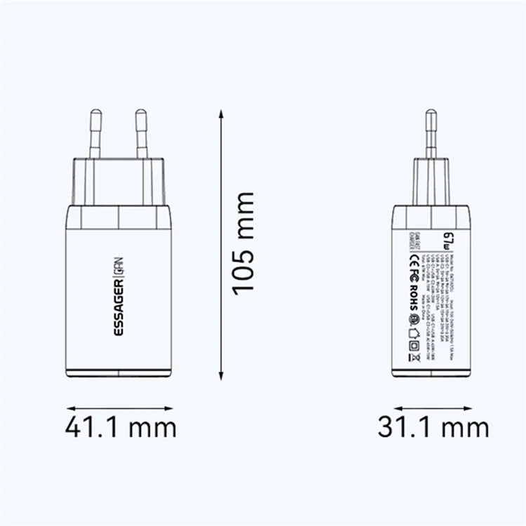 ESSAGER 67W High Power GaN Travel Adapter USB-A + 2 Type-C Portable Wall Charger