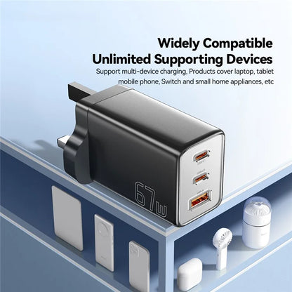 ESSAGER 67W High Power GaN Travel Adapter USB-A + 2 Type-C Portable Wall Charger