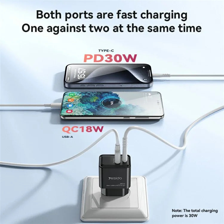 YESIDO YC64 GaN 30W USB+Type-C Wall Charger Plug Charging Adapter (EU Plug)