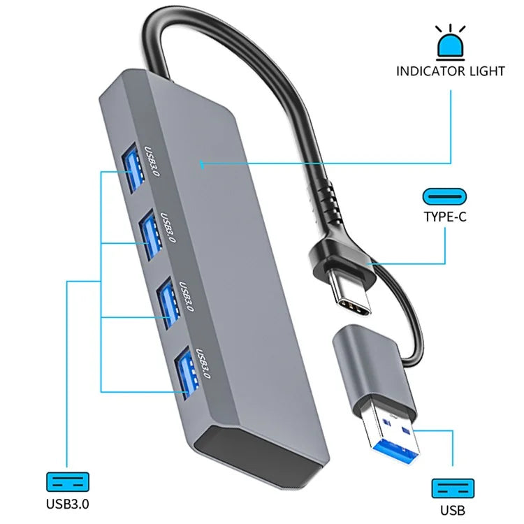 ADS-305D USB / Type-C to 4 USB3.0 Ports Docking Station USB Hub Aluminum Alloy Computer Laptop Adapter