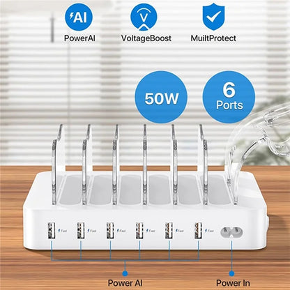 MIQ-101 50W Charging Station 6 USB Ports Desktop Charger with Detachable Baffle