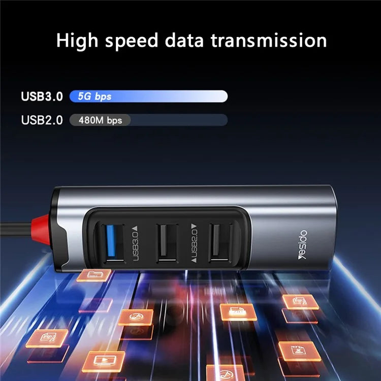 YESIDO HB19 USB + Type C Hub Adapter Converter to USB 3.0 + 2xUSB 2.0 + PD 2.0 USB-C