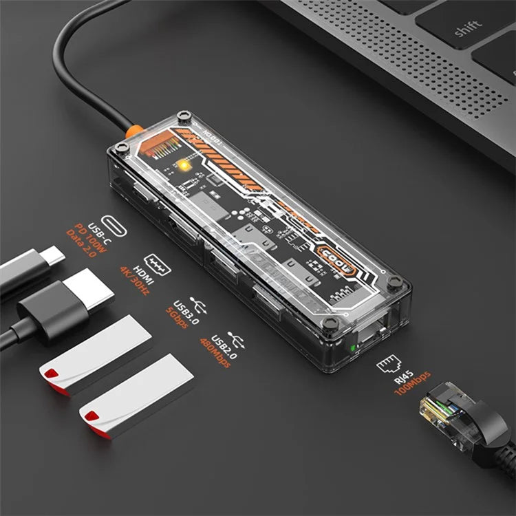 Type-C Hub Adapter to PD Type-C+HD Video Output+USB 3.0+USB 2.0+RJ45