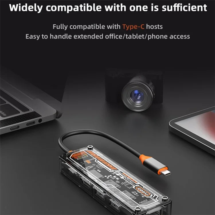 Type-C Hub Adapter to PD Type-C+HD Video Output+USB 3.0+USB 2.0+RJ45