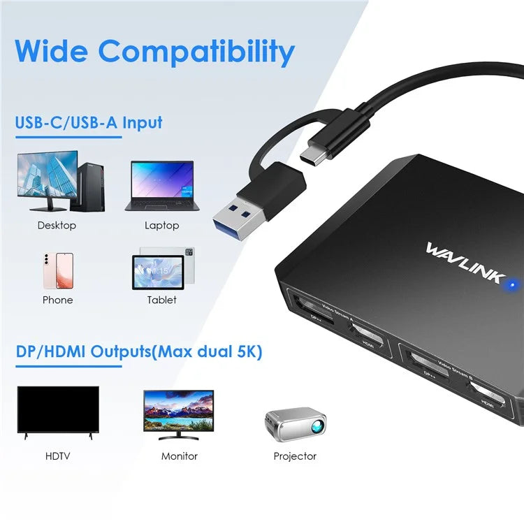 WAVLINK WL-UG69DH2 USB+Type-C to Dual 4K HD DisplayPort Dual Monitor Adapter Splitter