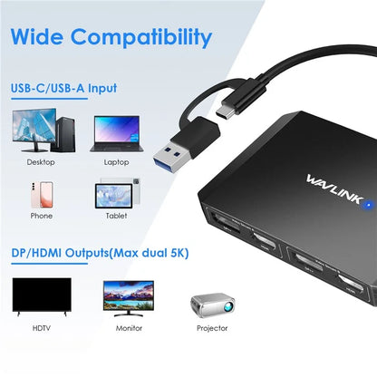 WAVLINK WL-UG69DH2 USB+Type-C to Dual 4K HD DisplayPort Dual Monitor Adapter Splitter