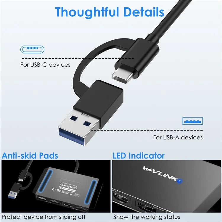 WAVLINK WL-UG69DH2 USB+Type-C to Dual 4K HD DisplayPort Dual Monitor Adapter Splitter