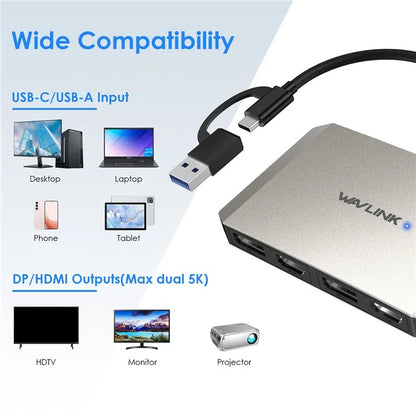 WAVLINK WL-UG69DH2 USB+Type-C to Dual 4K HD DisplayPort Dual Monitor Adapter Splitter