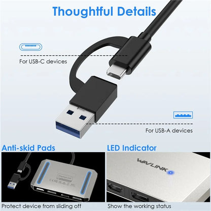 WAVLINK WL-UG69DH2 USB+Type-C to Dual 4K HD DisplayPort Dual Monitor Adapter Splitter