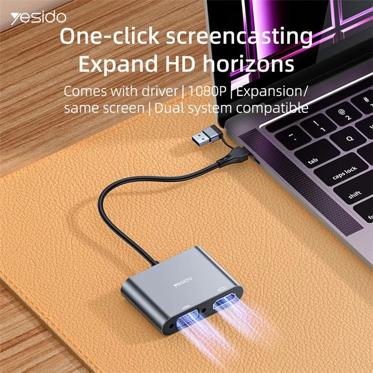 YESIDO HM15 USB / Type-C to VGA + HD Adapter HDTV Dual Monitors Mirroring Adapter
