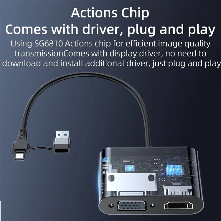YESIDO HM15 USB / Type-C to VGA + HD Adapter HDTV Dual Monitors Mirroring Adapter