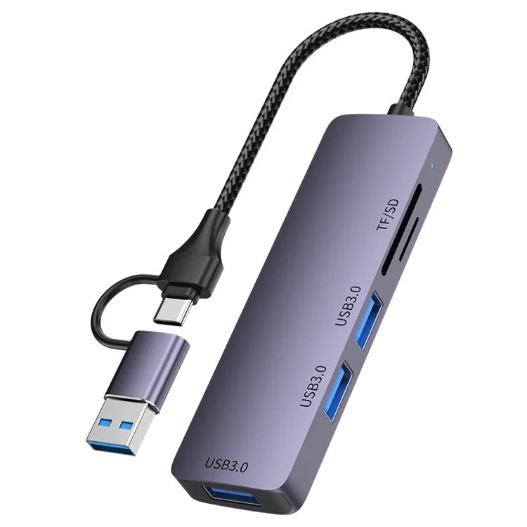 T235 Multi-Port Hub USB+Type-C 3.0 Adapter to 3xUSB 3.0+2xCard Reader Slots