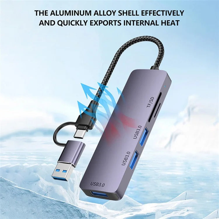 T235 Multi-Port Hub USB+Type-C 3.0 Adapter to 3xUSB 3.0+2xCard Reader Slots