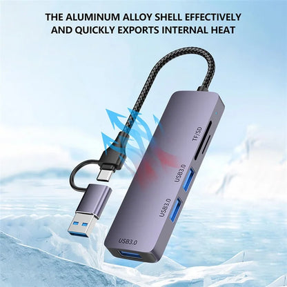 T235 Multi-Port Hub USB+Type-C 3.0 Adapter to 3xUSB 3.0+2xCard Reader Slots
