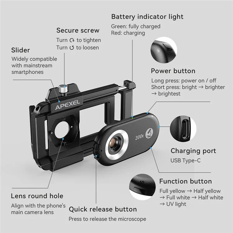 APEXEL APL-MS200 Mobile Phone Holder Clip 200x Magnification Microscope with CPL Filter