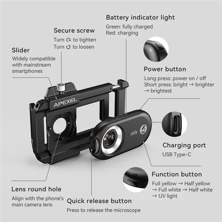 APEXEL APL-MS150 Mobile Phone Holder Clip 150x Magnification Microscope with CPL Filter
