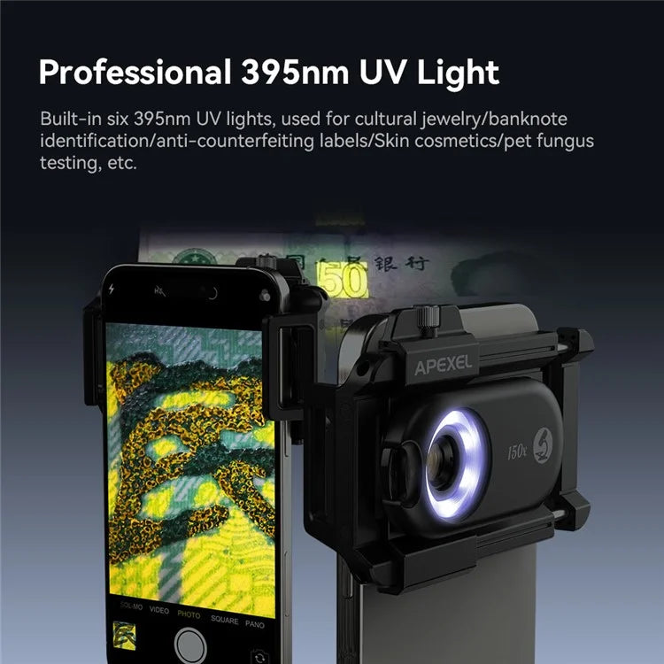 APEXEL APL-MS150 Mobile Phone Holder Clip 150x Magnification Microscope with CPL Filter