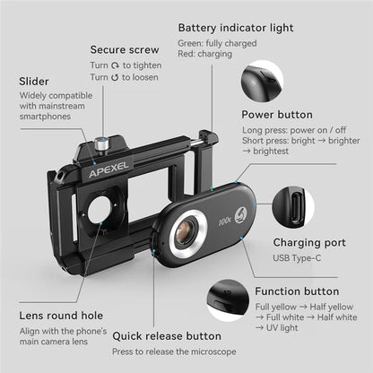 APEXEL APL-MS100 Mobile Phone Holder Clip 100x Magnification Microscope with CPL Filter