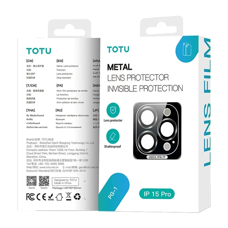 TOTU PG-1 For iPhone 15 / 15 Plus Lens Protector Metal Frame Tempered Glass Camera Lens Film