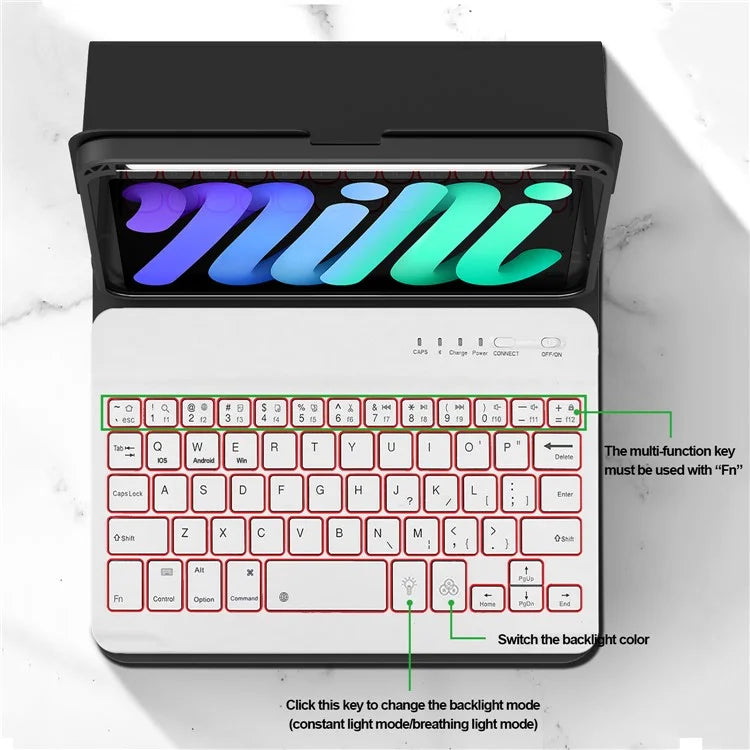 For iPad mini (2021) Detachable Magnetic Bluetooth Keyboard Tablet Stand Case with Pencil Holder and Backlit
