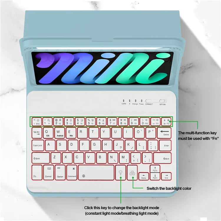 For iPad mini (2021) Detachable Magnetic Bluetooth Keyboard Tablet Stand Case with Pencil Holder and Backlit