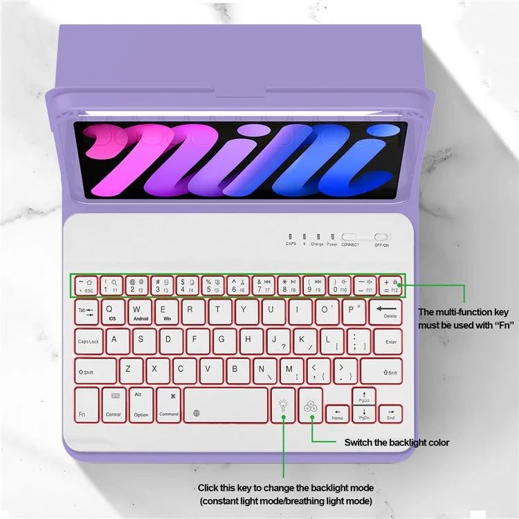 For iPad mini (2021) Detachable Magnetic Bluetooth Keyboard Tablet Stand Case with Pencil Holder and Backlit