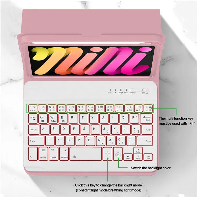 For iPad mini (2021) Detachable Magnetic Bluetooth Keyboard Tablet Stand Case with Pencil Holder and Backlit