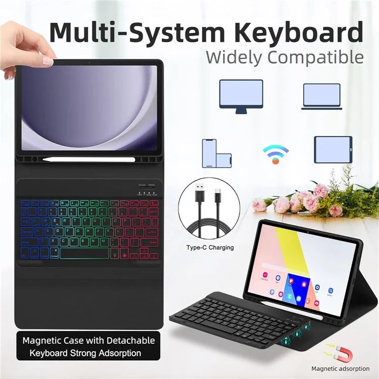 RGB-X210D For Samsung Galaxy Tab A9+ SM-X210 / X216 / X218 RGB Backlit Bluetooth Keyboard Leather Tablet Case + Wireless Mouse