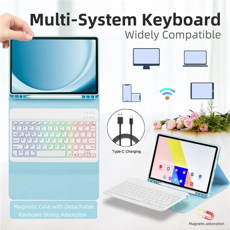 RGB-X210D For Samsung Galaxy Tab A9+ SM-X210 / X216 / X218 RGB Backlit Bluetooth Keyboard Leather Tablet Case + Wireless Mouse
