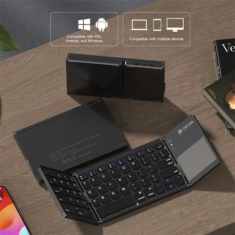 DEVIA Lingo Series Folding Wireless Keyboard with Touchpad, Portable Slim Bluetooth Keyboard for Tablets, Cell Phones, PC