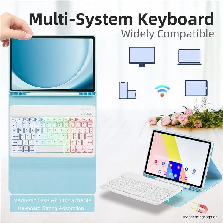 SK-A9+RGB For Samsung Galaxy Tab A9+ SM-X210 / X216 / X218 Leather Tablet Case with Detachable RGB Backlit Keyboard