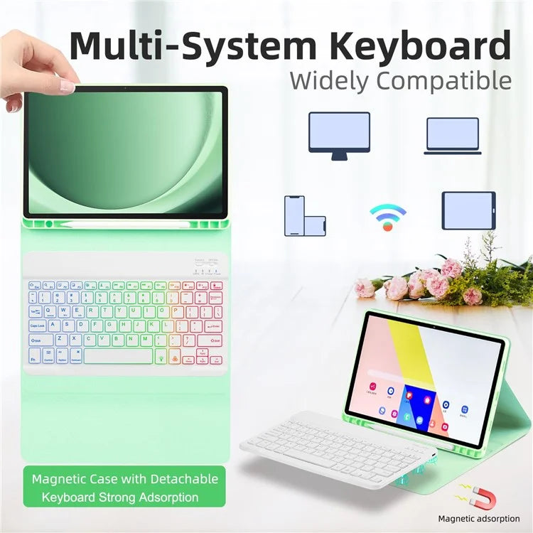 SK-A9+RGB For Samsung Galaxy Tab A9+ SM-X210 / X216 / X218 Leather Tablet Case with Detachable RGB Backlit Keyboard