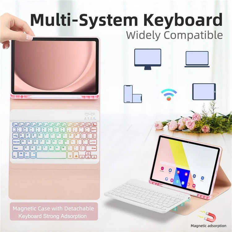 SK-A9+RGB For Samsung Galaxy Tab A9+ SM-X210 / X216 / X218 Leather Tablet Case with Detachable RGB Backlit Keyboard
