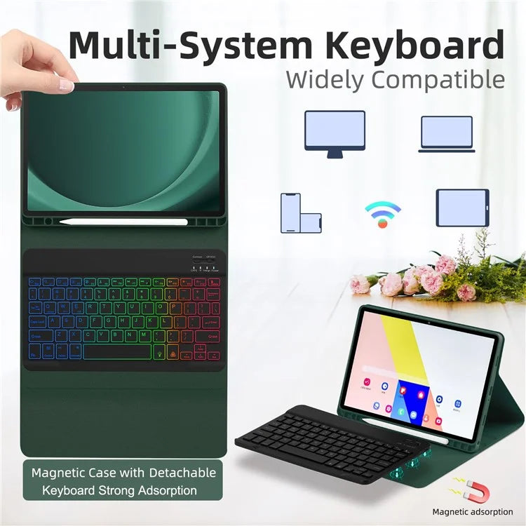 SK-A9+RGB For Samsung Galaxy Tab A9+ SM-X210 / X216 / X218 Leather Tablet Case with Detachable RGB Backlit Keyboard