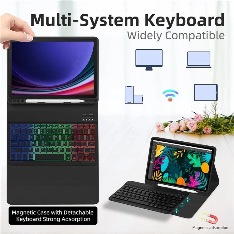 SD-X710 For Samsung Galaxy Tab S7 / S8 / S9 / S9 FE 11 inch PU Tablet Case Backlit Bluetooth Keyboard