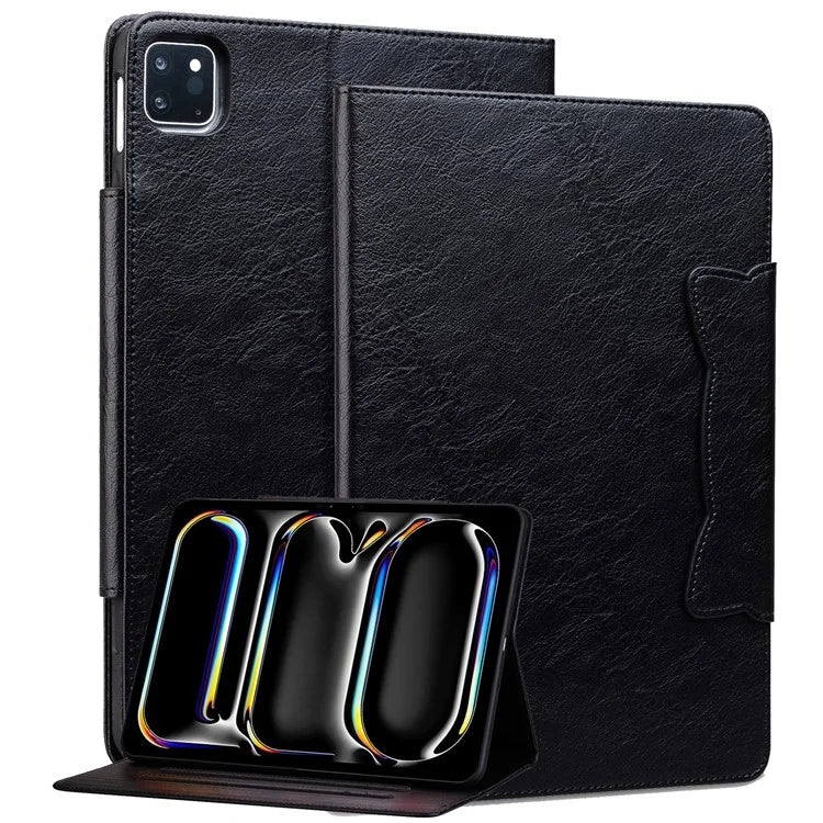 For iPad Pro 13 (2024) Case PU Leather Card Slots Tablet Cover Cat-Shaped Magnetic Clasp
