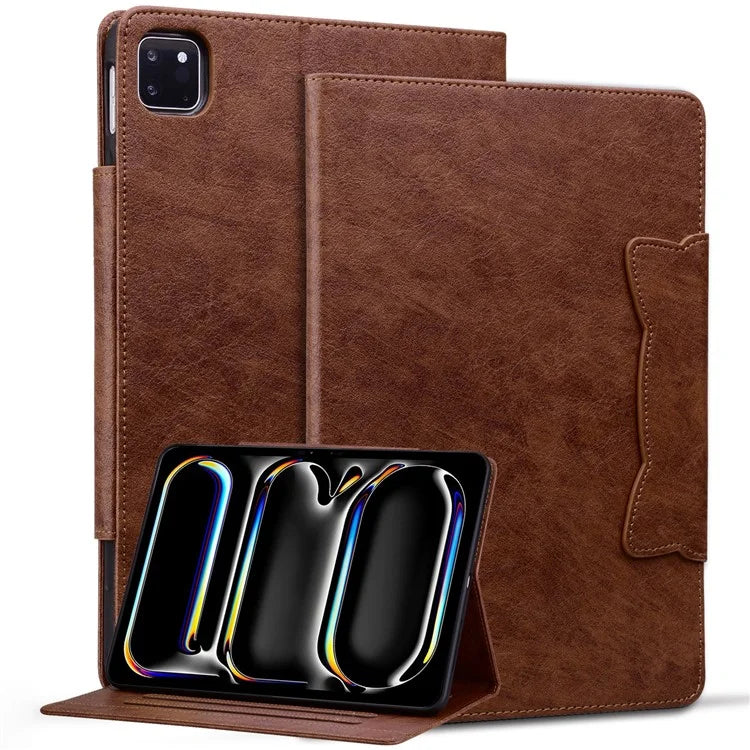 For iPad Pro 13 (2024) Case PU Leather Card Slots Tablet Cover Cat-Shaped Magnetic Clasp