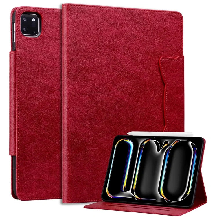 For iPad Pro 13 (2024) Case PU Leather Card Slots Tablet Cover Cat-Shaped Magnetic Clasp