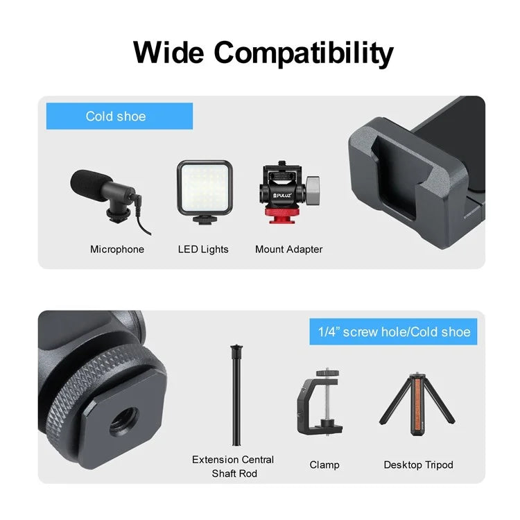 PULUZ PU3206B Gimbal Cold Shoe Phone Clamp Aluminum Alloy Retractable Phone Clip Holder